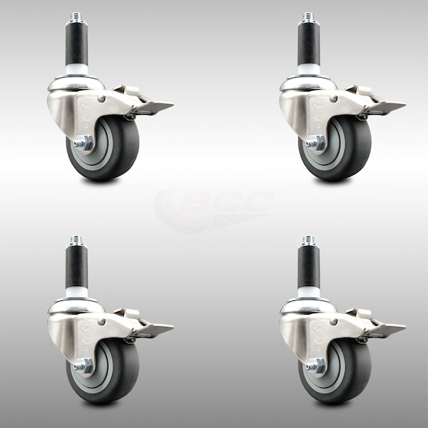 Service Caster 3 Inch 316SS Thermoplastic Rubber Swivel 1-1/8 Inch Stem Caster Set Lock Brake SCC-SS316TTLEX20S314-TPRB-118-4 - main